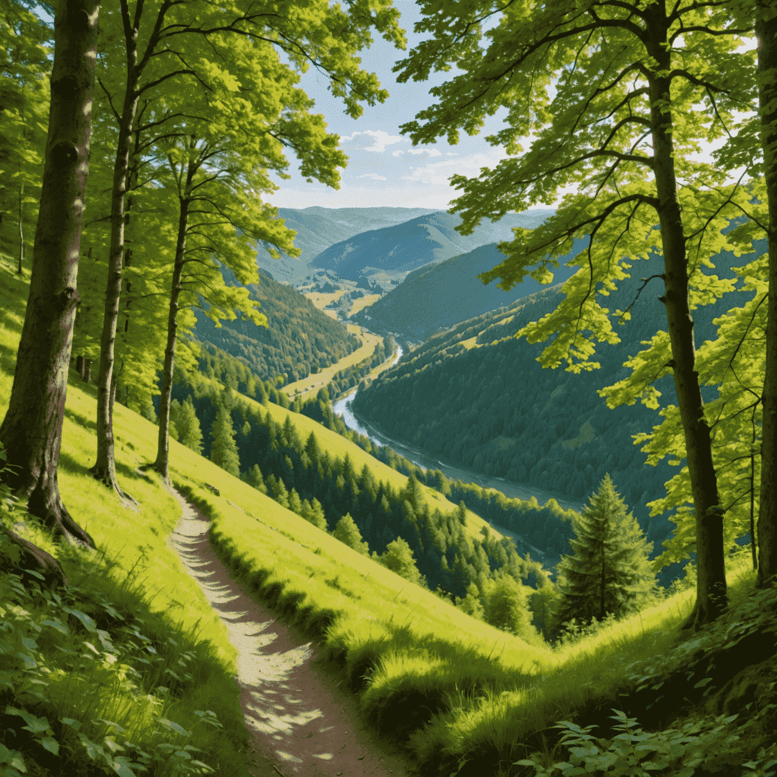 Panoramablick auf malerische Wanderwege in Baden-Württemberg, mit dichten Wäldern, sanften Hügeln und klaren Bächen