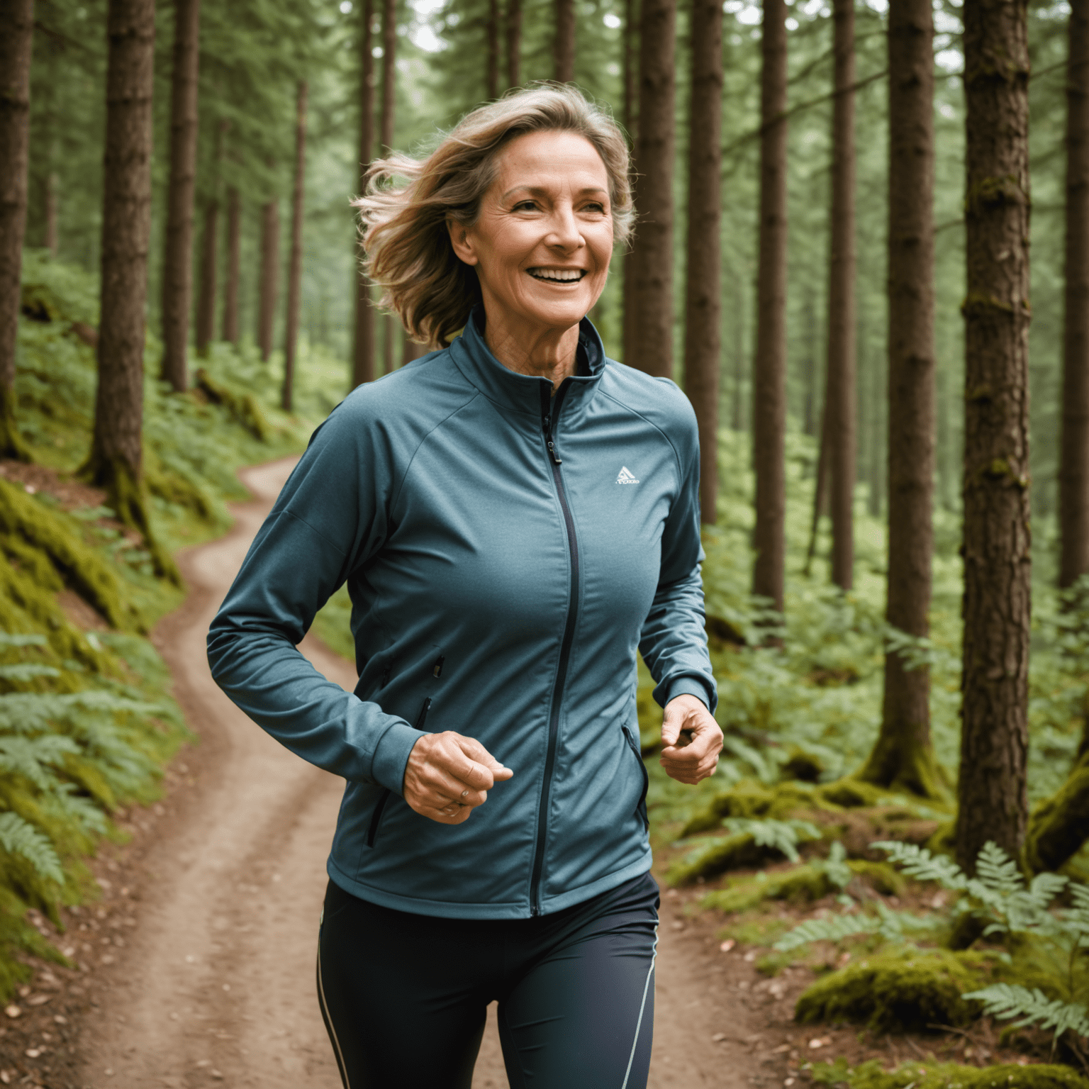 Eine lächelnde Frau mittleren Alters in Sportkleidung, die auf einem Waldweg in Wittnau joggt