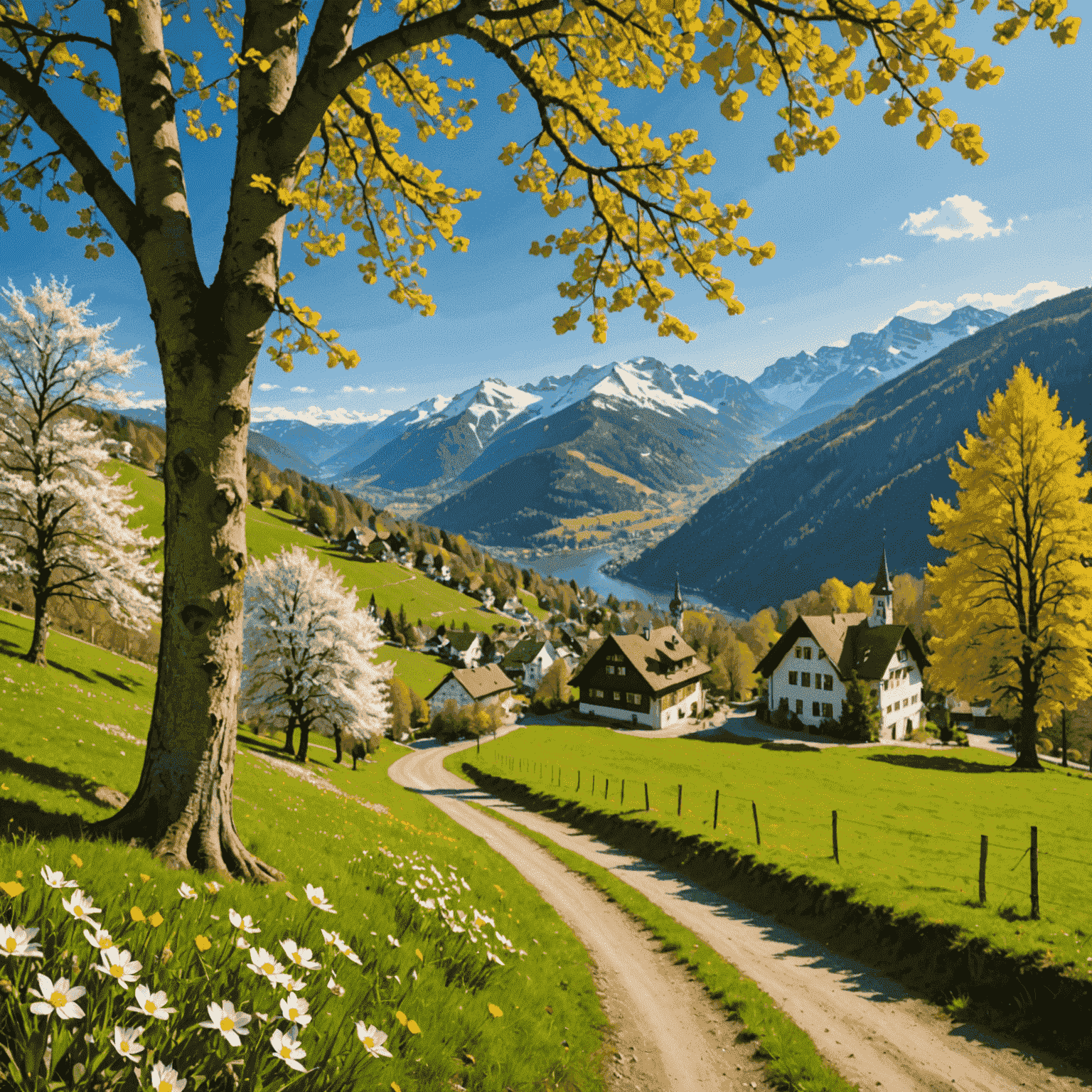Verschiedene Jahreszeiten in Baden-Württemberg: Frühling mit blühenden Bäumen, Sommer mit sonnigen Wanderwegen, Herbst mit bunten Wäldern und Winter mit verschneiten Landschaften