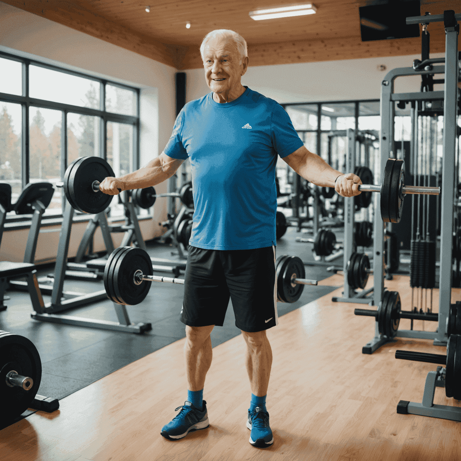 Ein älterer Herr hebt Gewichte in einem hellen, modernen Fitnessstudio in Wittnau