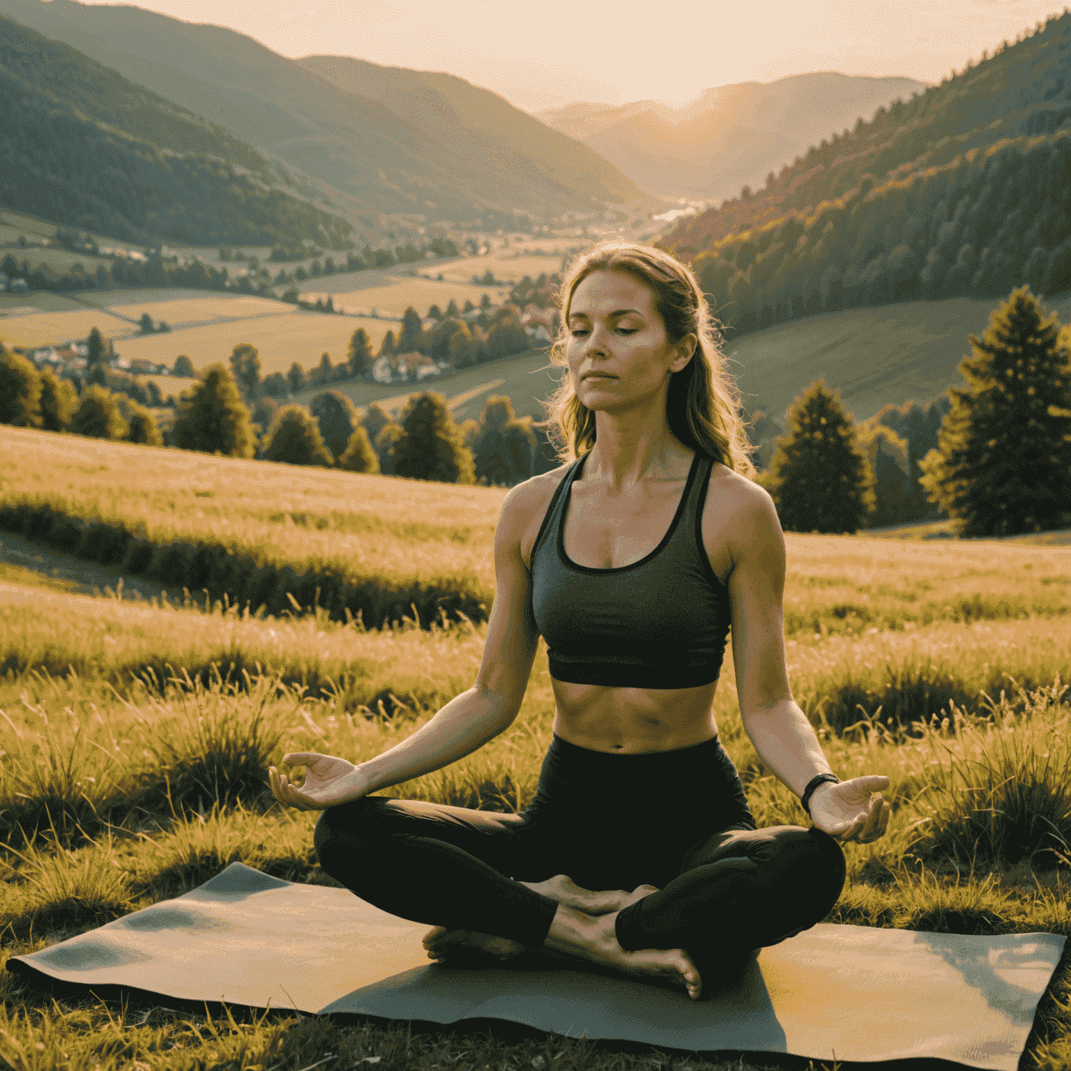 Eine junge Frau praktiziert Yoga im Sonnenaufgang auf einer Wiese mit Blick auf Wittnau