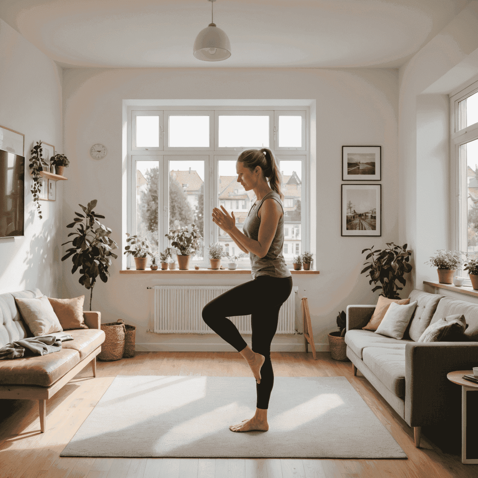 Person führt effektive Heimübungen in einem typischen deutschen Wohnzimmer durch, mit minimaler Ausrüstung und viel Platz