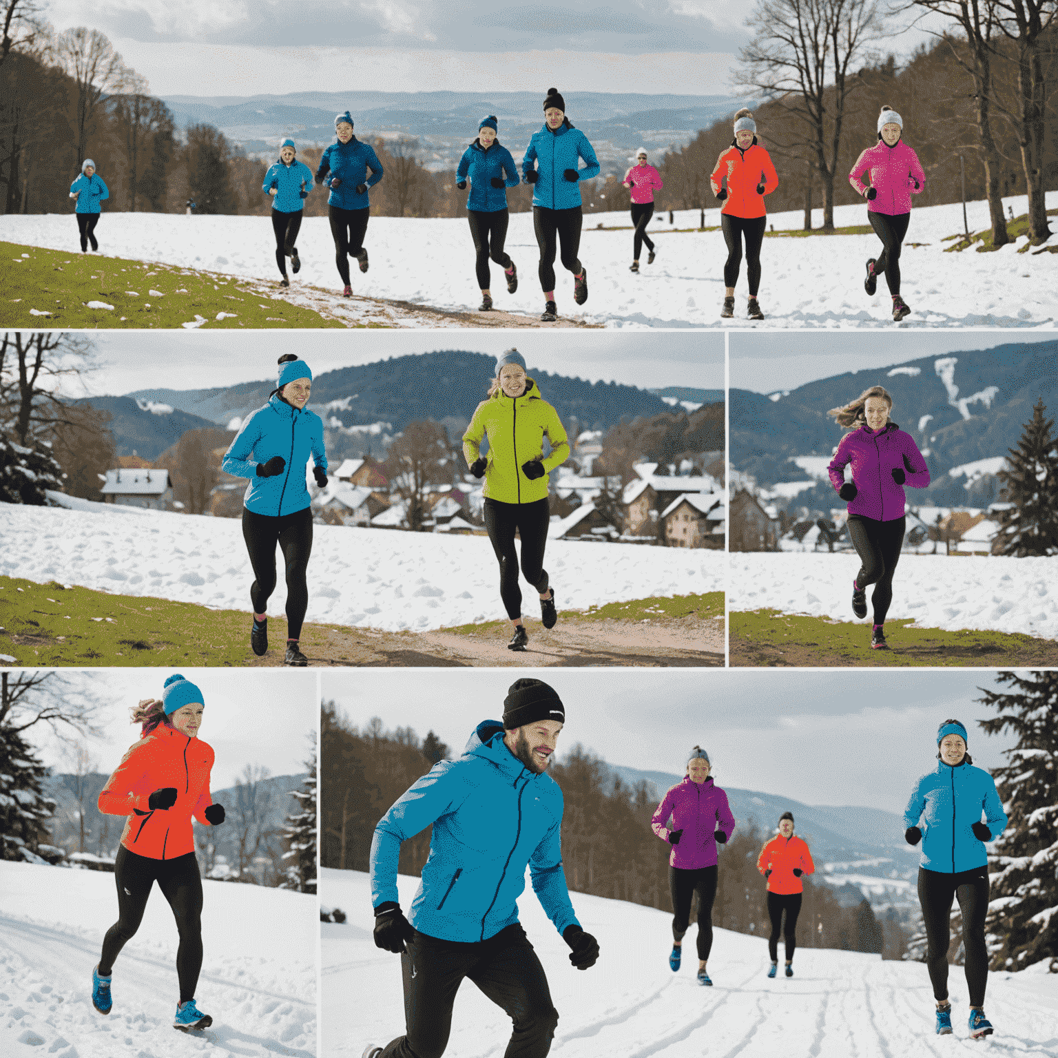 Vier-Jahreszeiten-Collage von Outdoor-Fitnessaktivitäten in Baden-Württemberg, die die Anpassung an verschiedene Wetterbedingungen zeigt